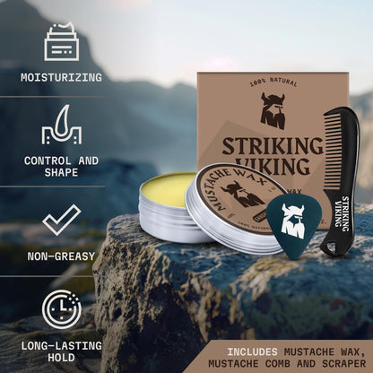 Mustache Wax & Comb Kit - Beard & Moustache Wax for Men with Strong Hold Natural Beeswax - Helps Tame Style & Groom (Sandalwood Scent, 2 Ounce Size) - Mustache Styling Wax - Mens Comb
