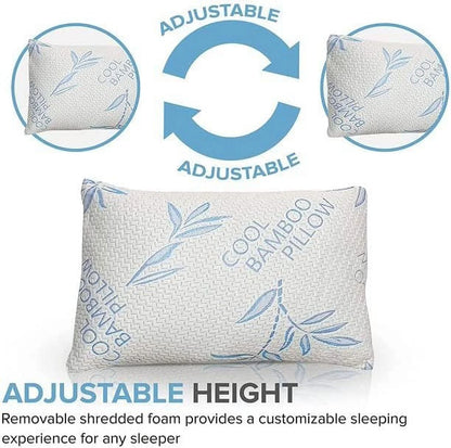 Standard Size Bamboo Pillow for Sleeping - Shredded Memory Foam Adjustable Bamboo Pillow - Hypoallergenic, Removable/Washable Bamboo Cover, Queen Size Sleeping Bed Pillow- 1 Pack