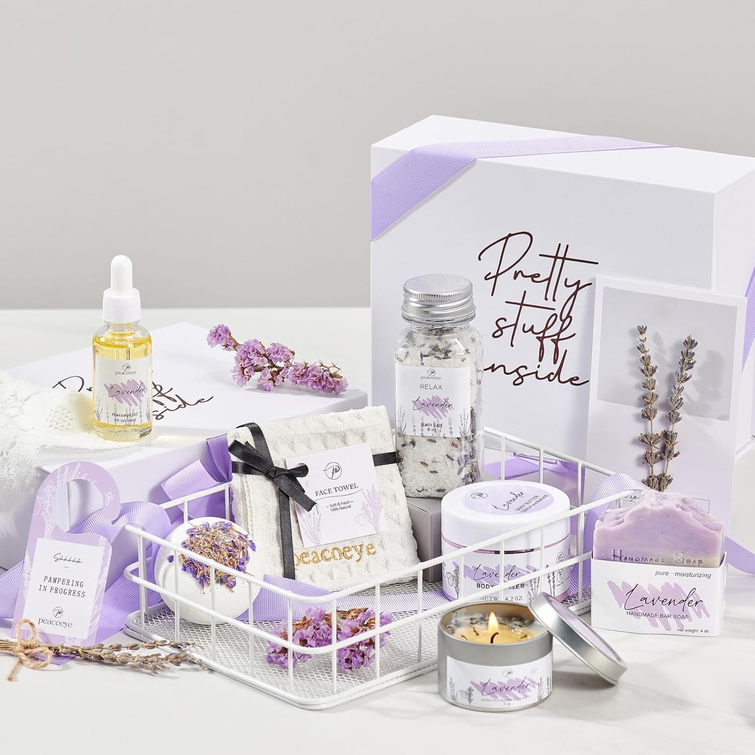 Gifts for Women Spa Lavender Bath Gift Baskets Valentines Day Gifts Relaxing Self Care Gift for Mom Her Sister Wife Auntie Home Bath Kit Care Package Birthday Friendship Gift Ideas