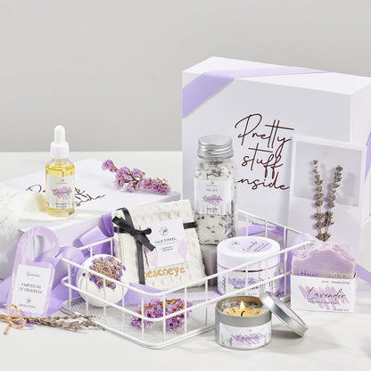 Gifts for Women Spa Lavender Bath Gift Baskets Valentines Day Gifts Relaxing Self Care Gift for Mom Her Sister Wife Auntie Home Bath Kit Care Package Birthday Friendship Gift Ideas