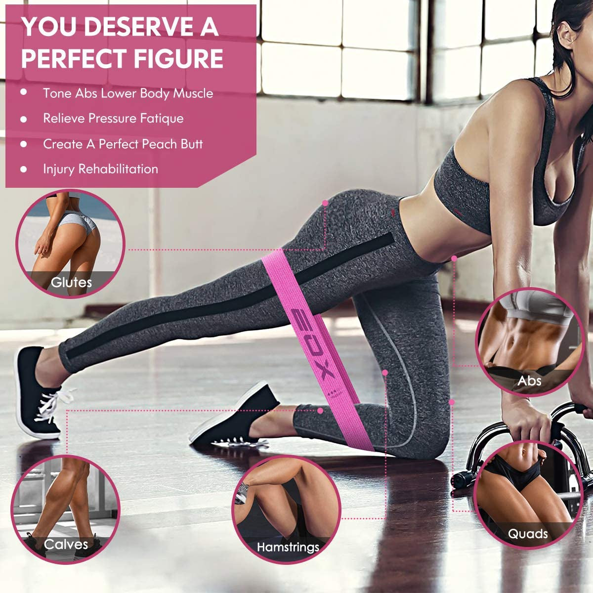 Ultimate Non-Slip Resistance Fabric Loop Bands for Legs & Glutes - 5 Levels of Hip Training (Pink)