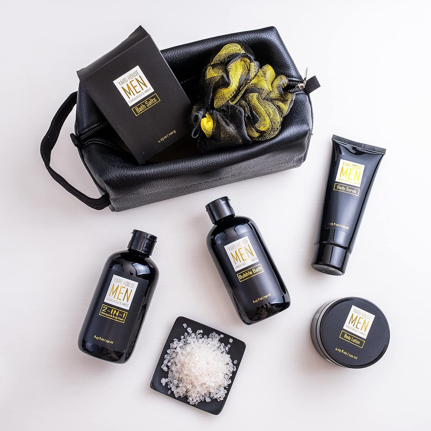 Bath and Body Spa Gift Baskets Set for Men - Sandalwood Amber - 7Pc Spa Kit W. Full Size Items in Leather Toiletry Bag - Christmas Holiday Gifts for Him, Birthday, Fathers Day Gifts Idea