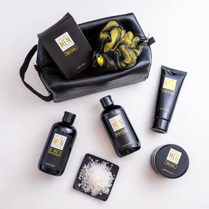 Bath and Body Spa Gift Baskets Set for Men - Sandalwood Amber - 7Pc Spa Kit W. Full Size Items in Leather Toiletry Bag - Christmas Holiday Gifts for Him, Birthday, Fathers Day Gifts Idea