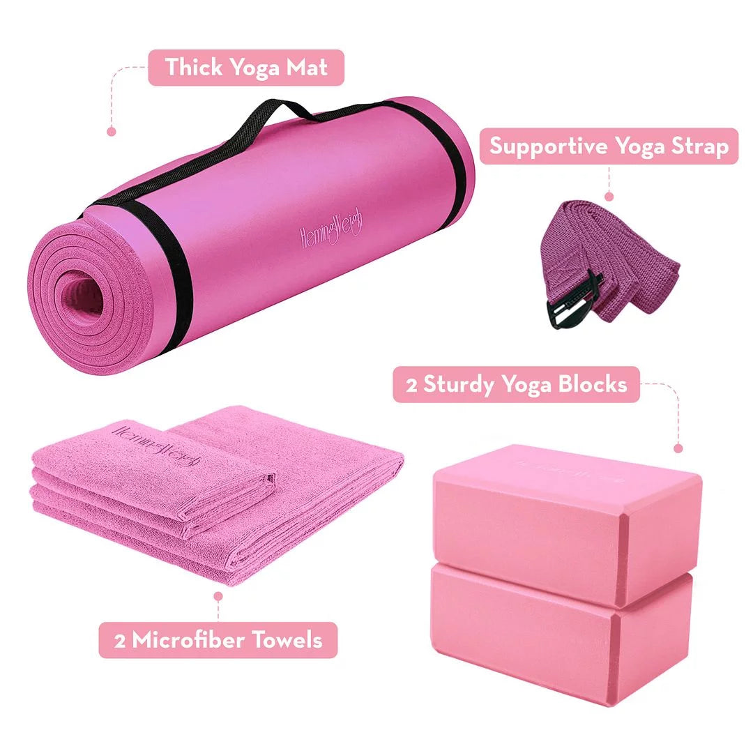 Premium 72" Non-Slip Yoga Mat Set with Blocks, Strap, and Towels - Stylish Pink Design