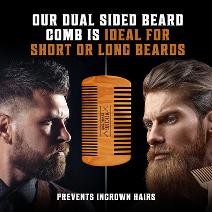Natural Boar Bristle Brush and Pear Wood Comb Set for Men - Dual Action Grooming for Beards and Mustaches with Velvet Travel Pouch