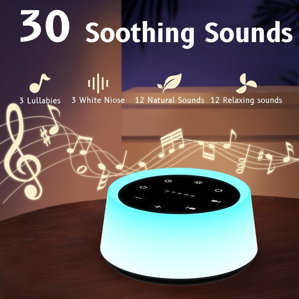 Sound Machine and White Noise Machine with 30 Soothing Sounds with 12 Colors Baby Night Light with Memory Function (Black)