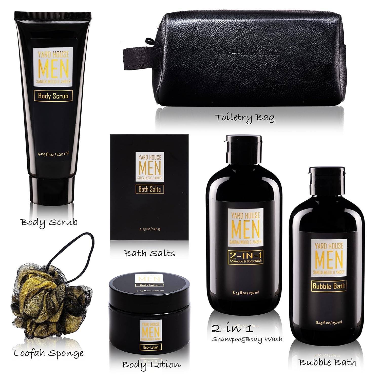 Bath and Body Spa Gift Baskets Set for Men - Sandalwood Amber - 7Pc Spa Kit W. Full Size Items in Leather Toiletry Bag - Christmas Holiday Gifts for Him, Birthday, Fathers Day Gifts Idea