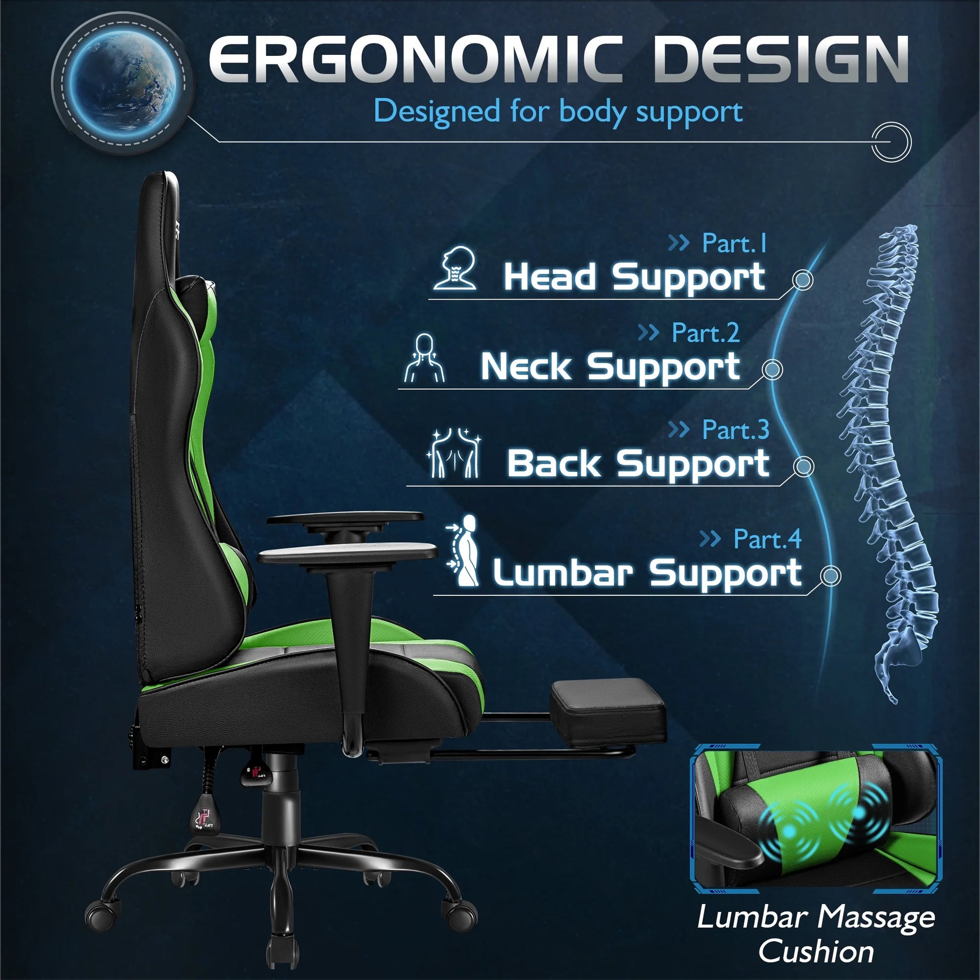 Gaming Chair Massage Office Chair High Back PU Leather Chair with Footrest, Green
