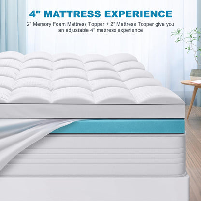 Queen Size Dual Layer 4 Inch Memory Foam Mattress Topper, 2 Inch Gel Memory Foam and 2 Inch Cooling Pillow Top Mattress Pad Cover for Back Pain, Medium Support