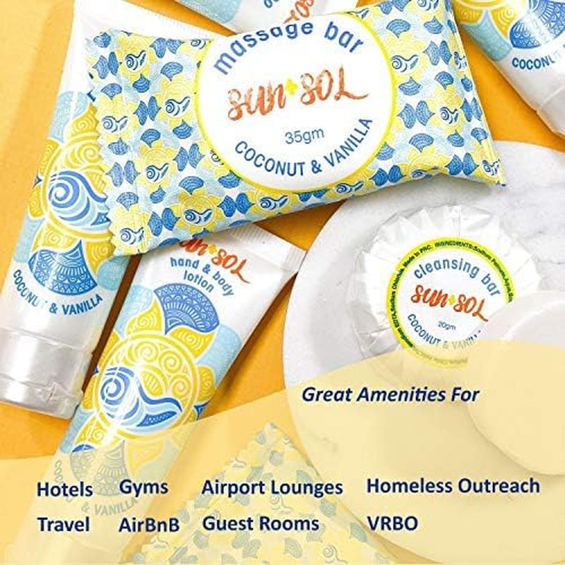 Sun + Sol Bulk Moisturizing Massage Bar with Warm Coconut & Vanilla Fragrances, Sachet Wrapped Travel Size Toiletries