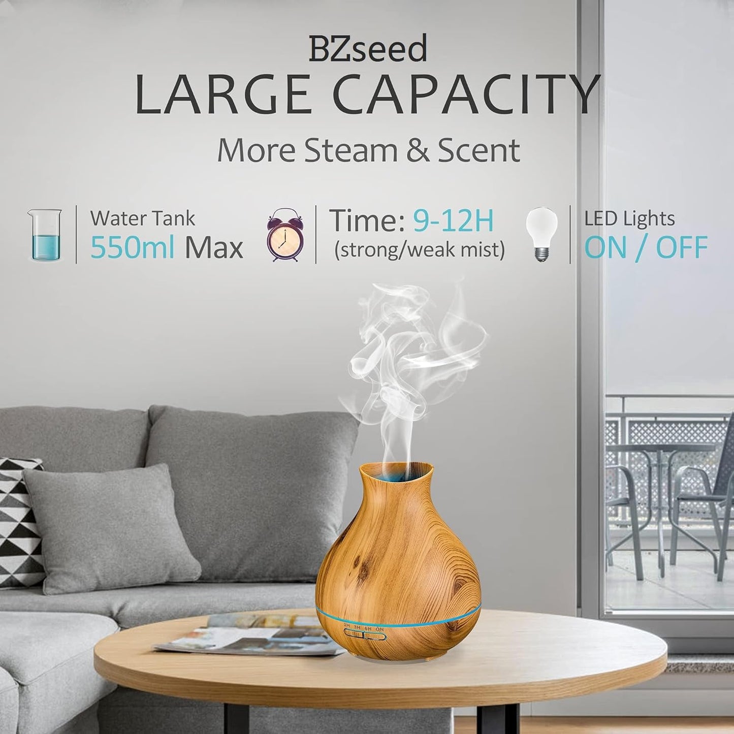 Aromatherapy Essential Oil Diffuser 550Ml 12 Hours Wood Grain Aroma Diffuser with Timer Cool Mist Humidifier for Large Room, Home, Baby Bedroom, Waterless Auto Shut-Off,7 Colors Lights Changing