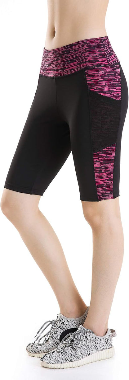 Women'S Knee Length Biker Shorts Tight Compression Yoga Shorts with Pockets