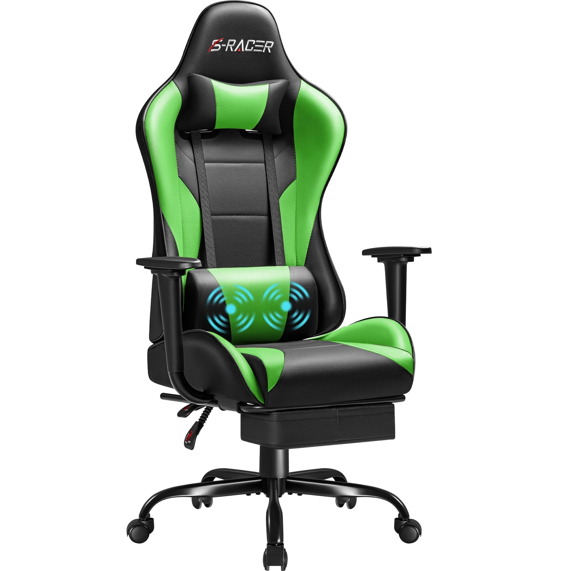 Gaming Chair Massage Office Chair High Back PU Leather Chair with Footrest, Green