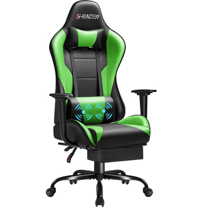 Gaming Chair Massage Office Chair High Back PU Leather Chair with Footrest, Green