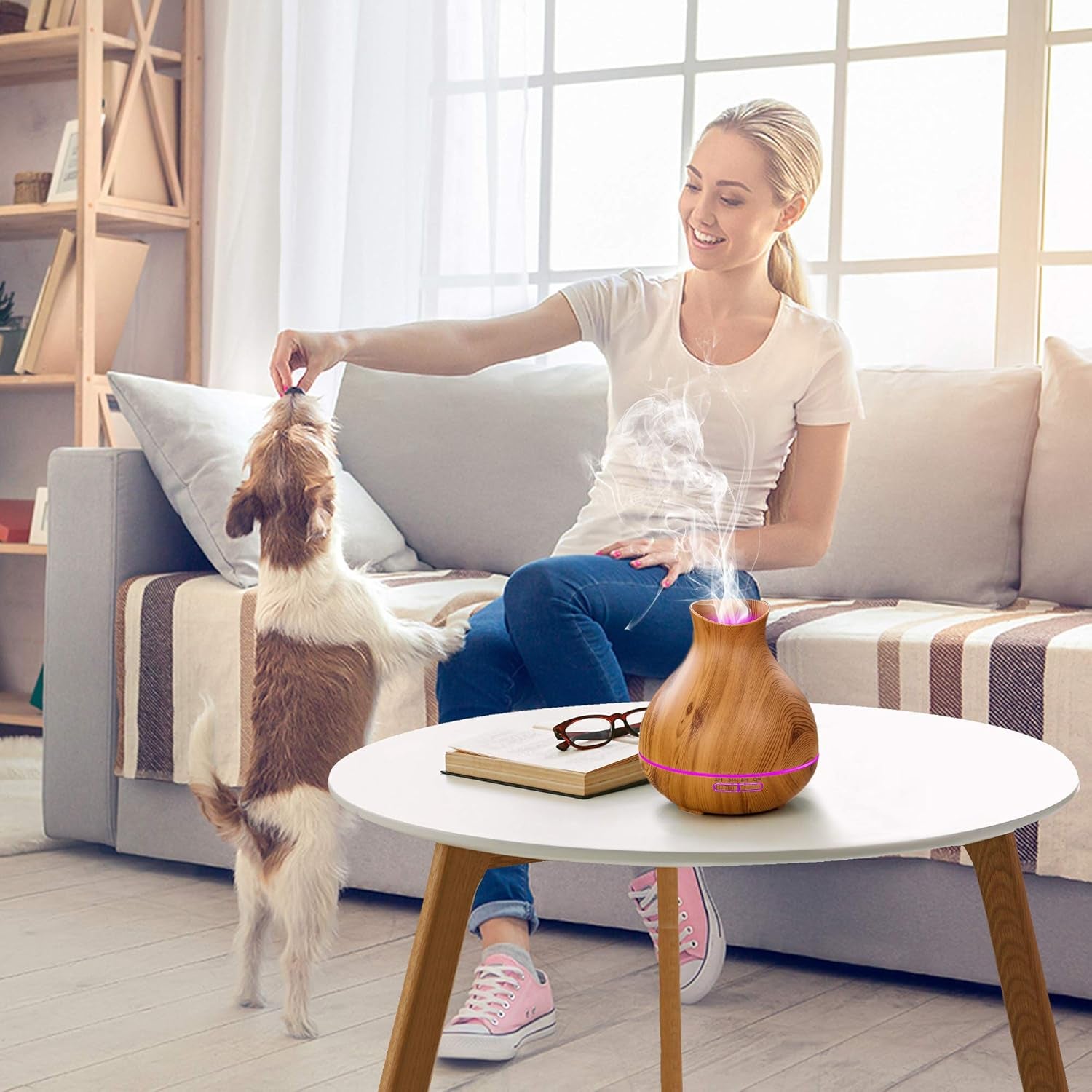 Aromatherapy Essential Oil Diffuser 550Ml 12 Hours Wood Grain Aroma Diffuser with Timer Cool Mist Humidifier for Large Room, Home, Baby Bedroom, Waterless Auto Shut-Off,7 Colors Lights Changing