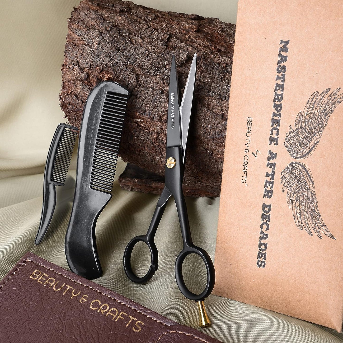 - 5'' German Beard Mustache Scissors - 2 Mustache Comb for Facial Hair with Beautiful Pouch - Beard Trimming Scissors Use for Grooming, Cutting, and Styling of Mustache (Black)