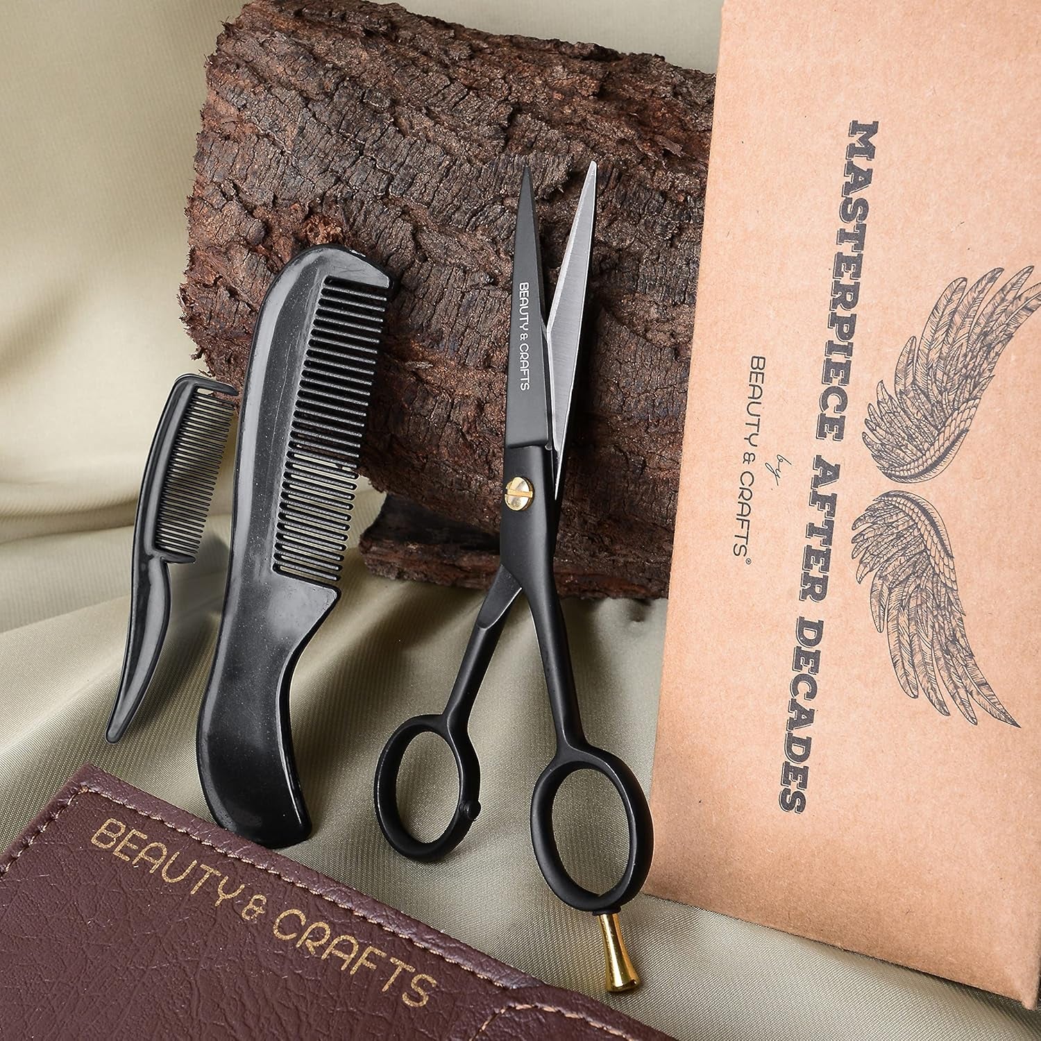 - 5'' German Beard Mustache Scissors - 2 Mustache Comb for Facial Hair with Beautiful Pouch - Beard Trimming Scissors Use for Grooming, Cutting, and Styling of Mustache (Black)