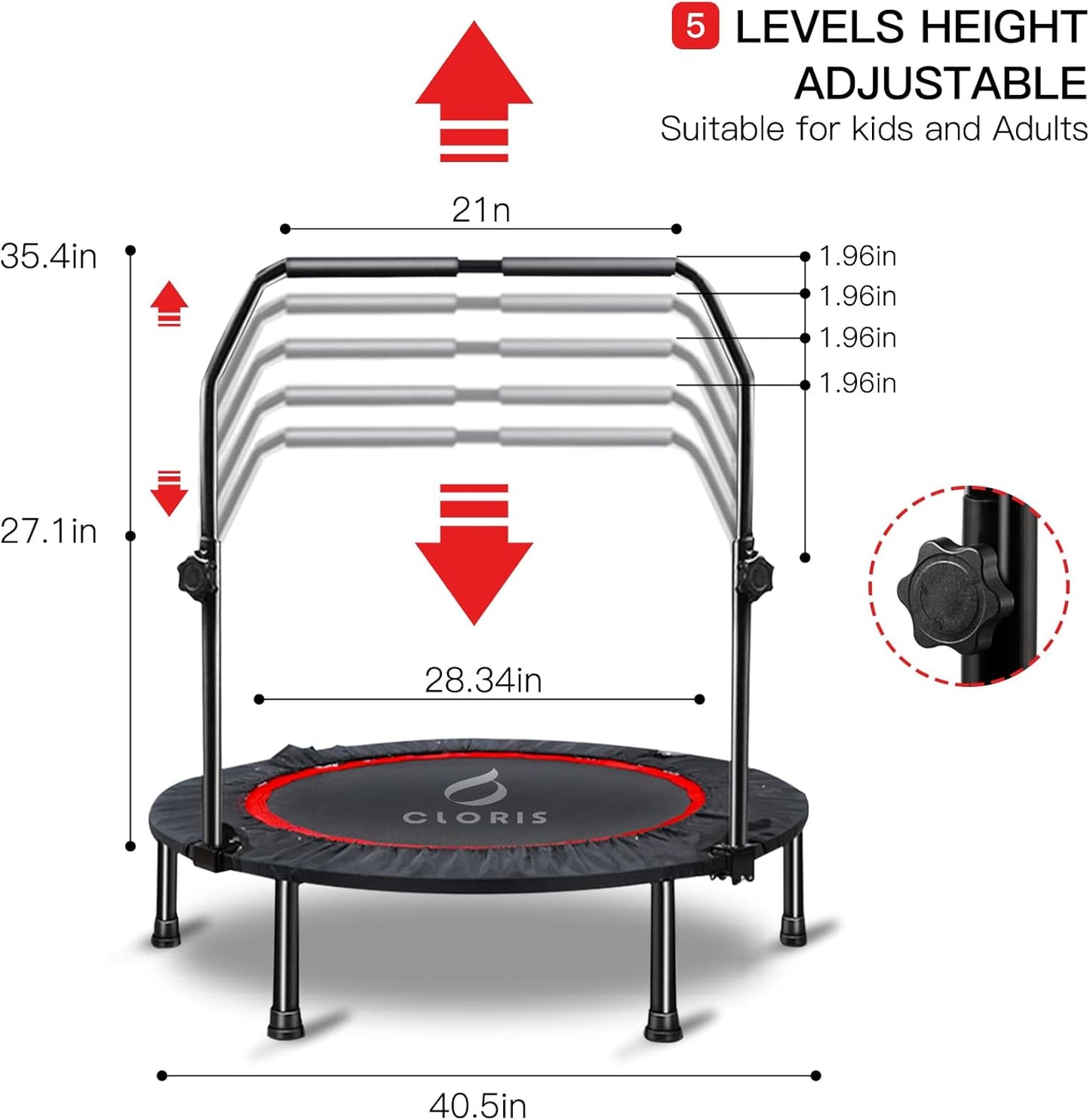 Mini Trampoline for Adults Kids, Cardio Exercise Trampoline, Thick Steel Spring Fitness Workout Rebounder Trampoline Indoor Outdoor 5 Height Adjust Load 500Lbs