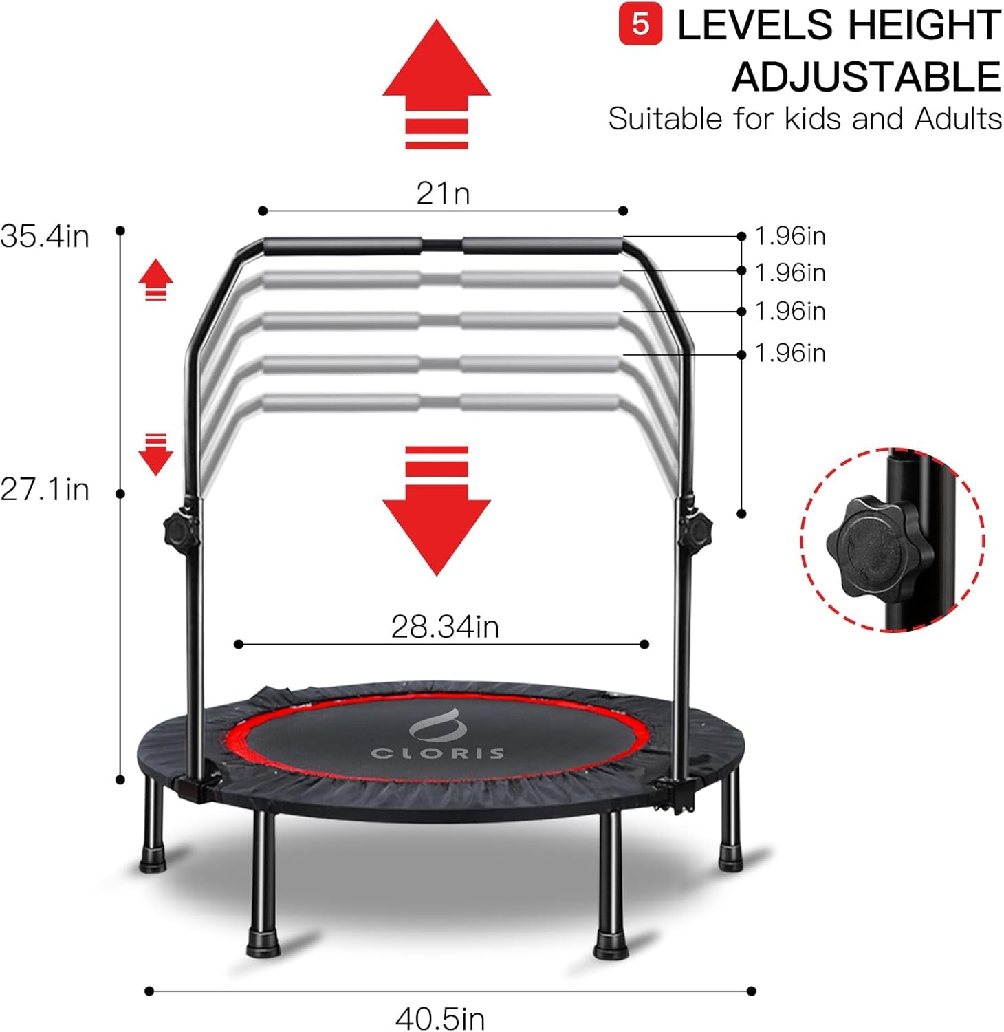 Mini Trampoline for Adults Kids, Cardio Exercise Trampoline, Thick Steel Spring Fitness Workout Rebounder Trampoline Indoor Outdoor 5 Height Adjust Load 500Lbs