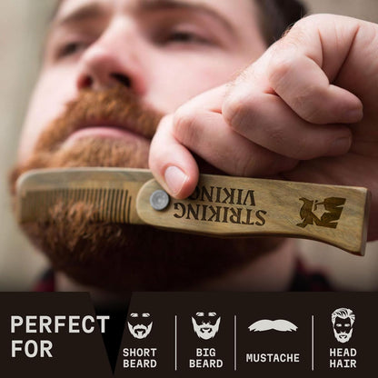 Folding Wooden Comb for Men - Sandalwood Switchblade Beard Comb for Grooming and Styling - Use Dry or with Oils & Balms