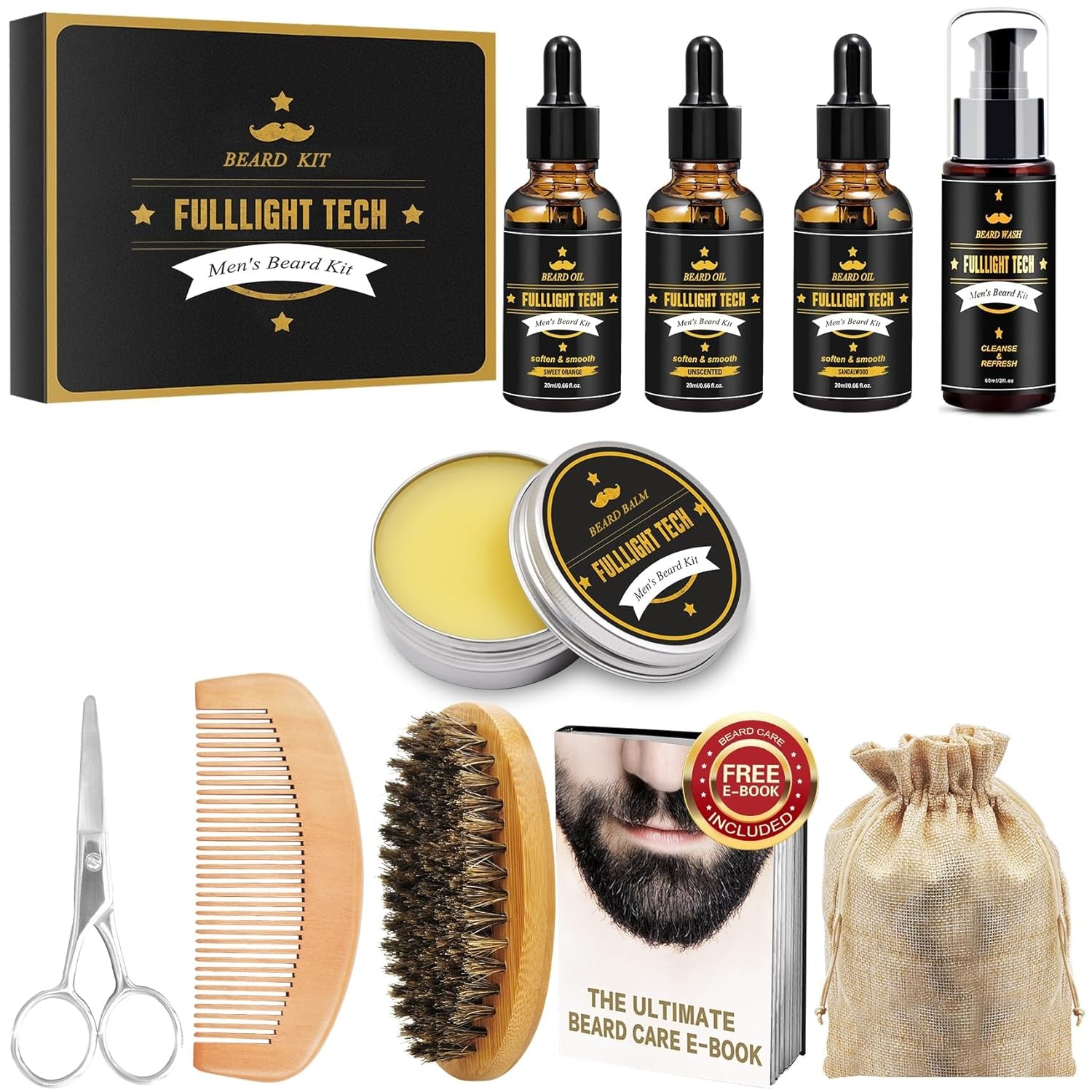 Beard Kit for Men Grooming & Care W/Beard Wash,3 Packs Beard Oil,Beard Balm Leave-In Conditioner,Comb,Brush,Scissors,Premium Gifts for Men Dad Husband
