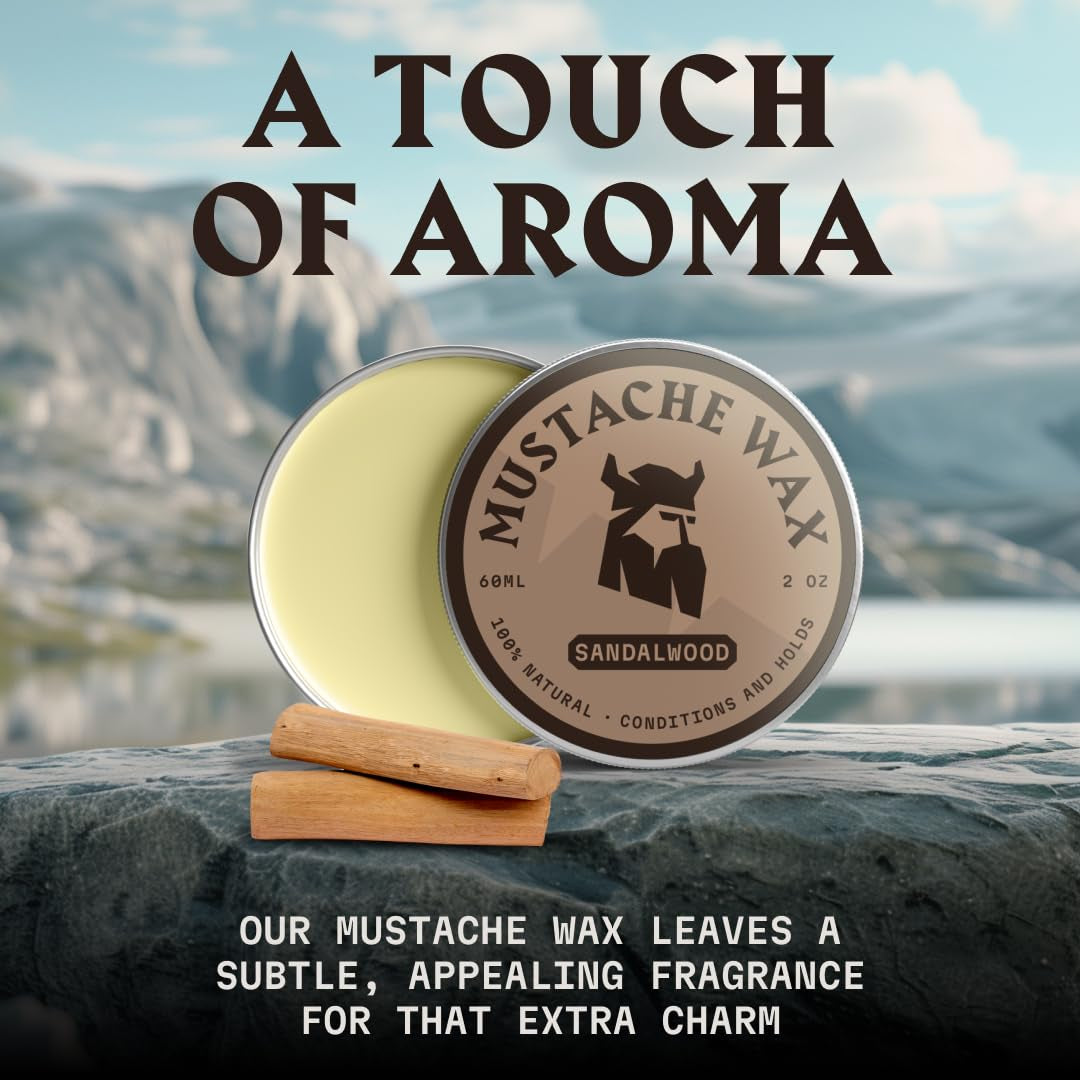 Mustache Wax & Comb Kit - Beard & Moustache Wax for Men with Strong Hold Natural Beeswax - Helps Tame Style & Groom (Sandalwood Scent, 2 Ounce Size) - Mustache Styling Wax - Mens Comb