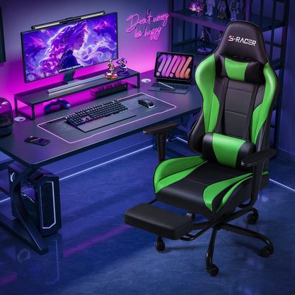 Gaming Chair Massage Office Chair High Back PU Leather Chair with Footrest, Green