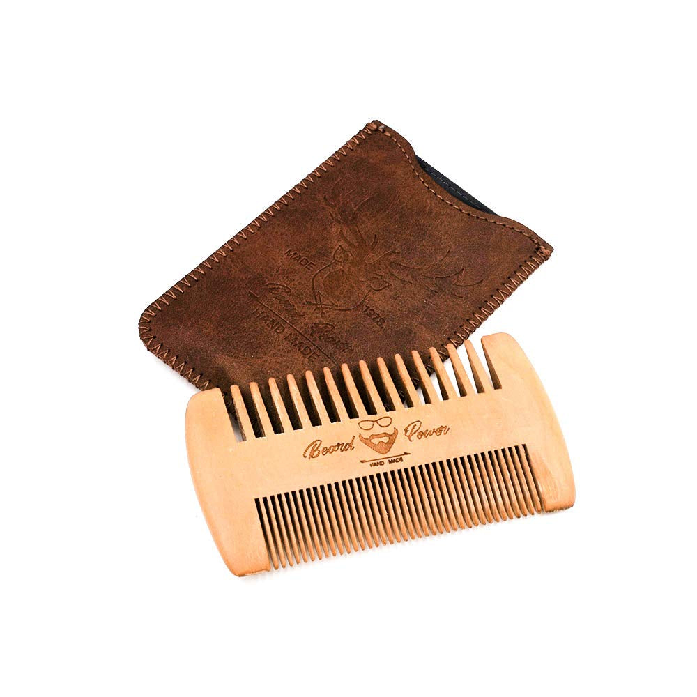 Wooden Comb with Durable Case - Fine & Coarse Teeth, Pocket Comb for Beards, Mustaches & Hair, Brown Deer Design