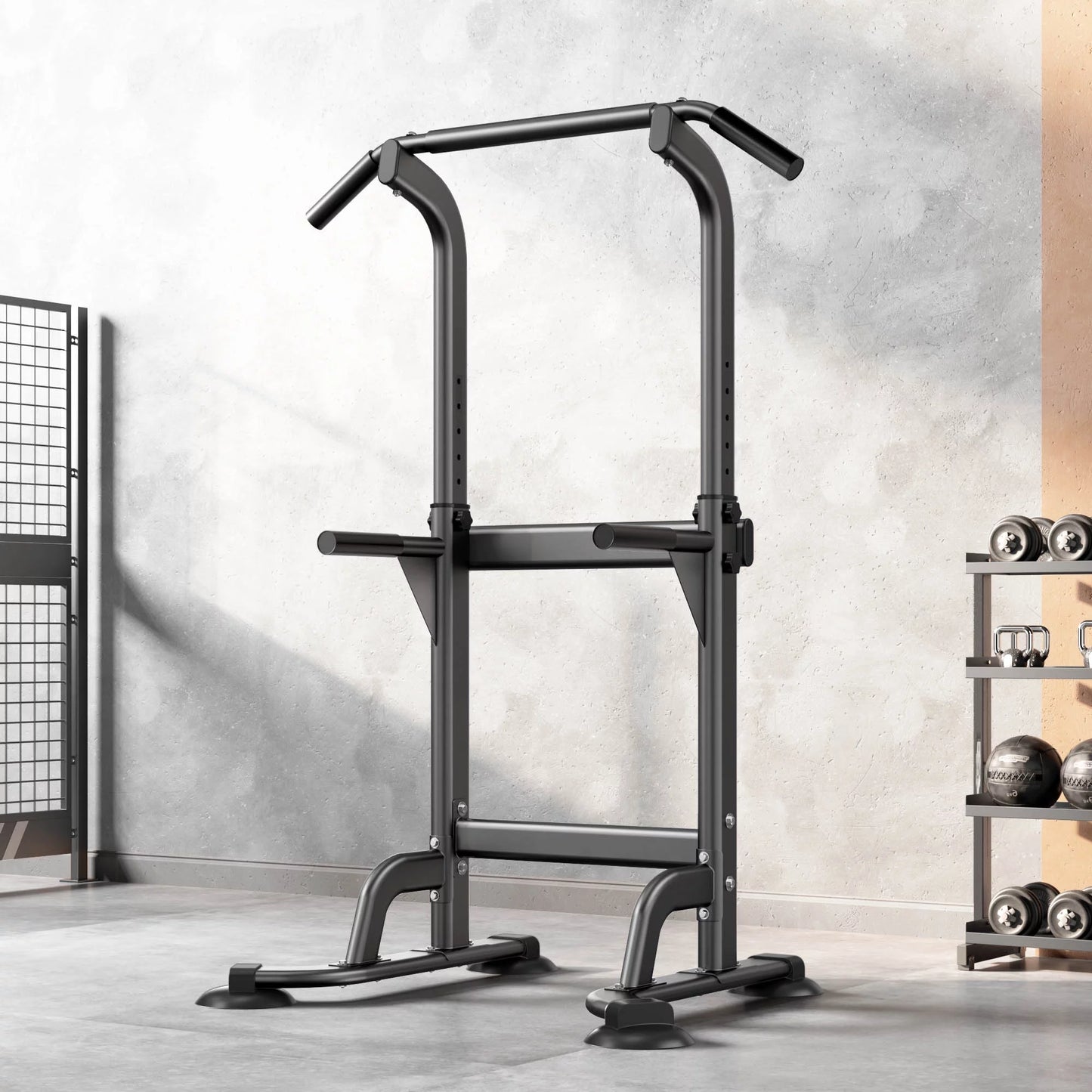 Adjustable Height Power Tower Pull Up Bar for Ultimate Strength Training – Black