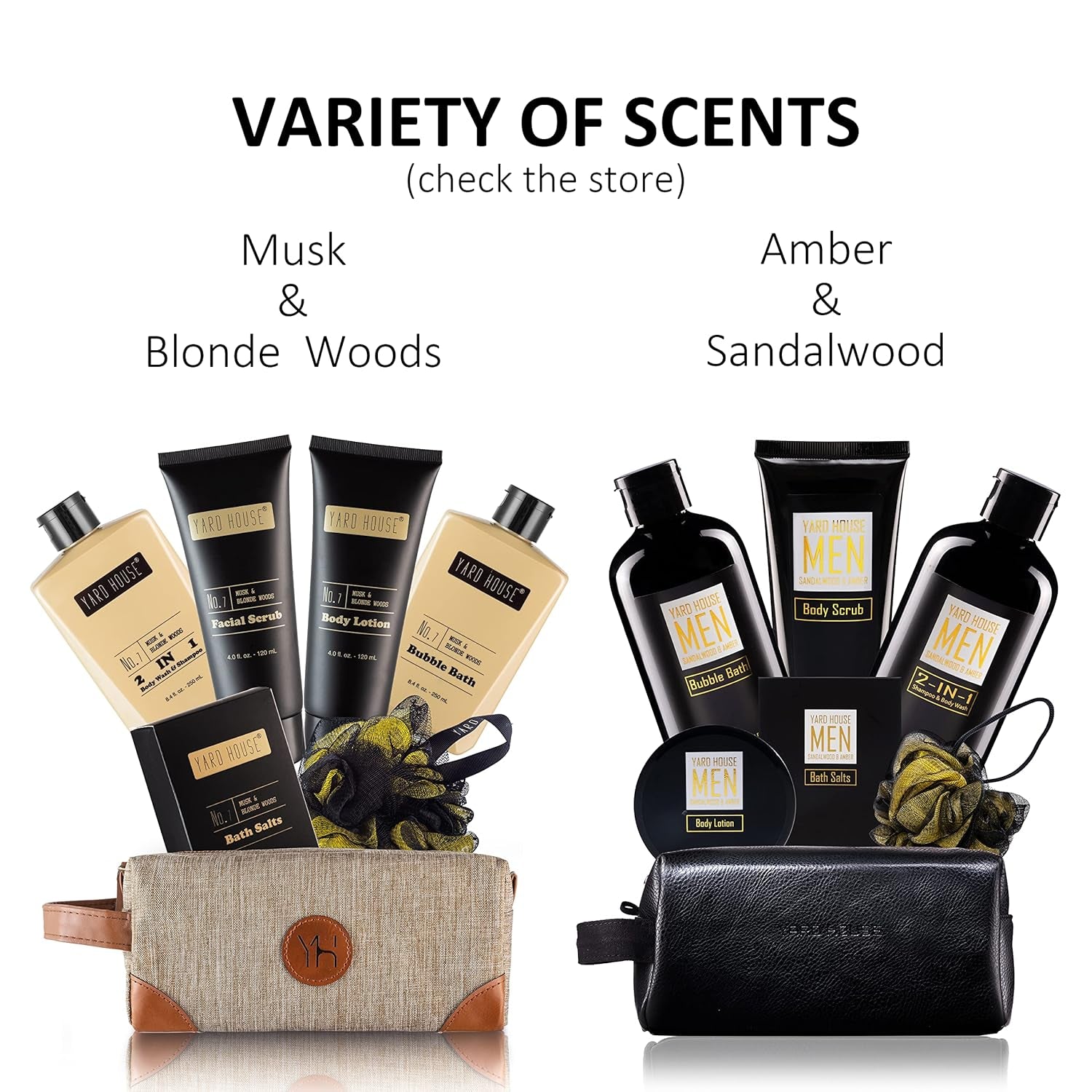 Bath and Body Spa Gift Baskets Set for Men - Sandalwood Amber - 7Pc Spa Kit W. Full Size Items in Leather Toiletry Bag - Christmas Holiday Gifts for Him, Birthday, Fathers Day Gifts Idea