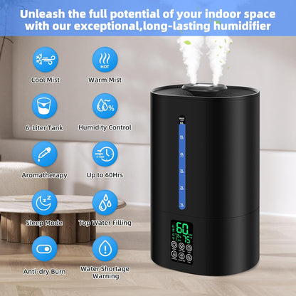 6L Humidifiers for Bedroom Large Room Home, Cool and Warm Humidifiers for Baby and Plants Mist Top Fill Desk Humidifiers Essential Oil Diffuser, Quiet with Adjustable Mist,360°Nozzle-Black