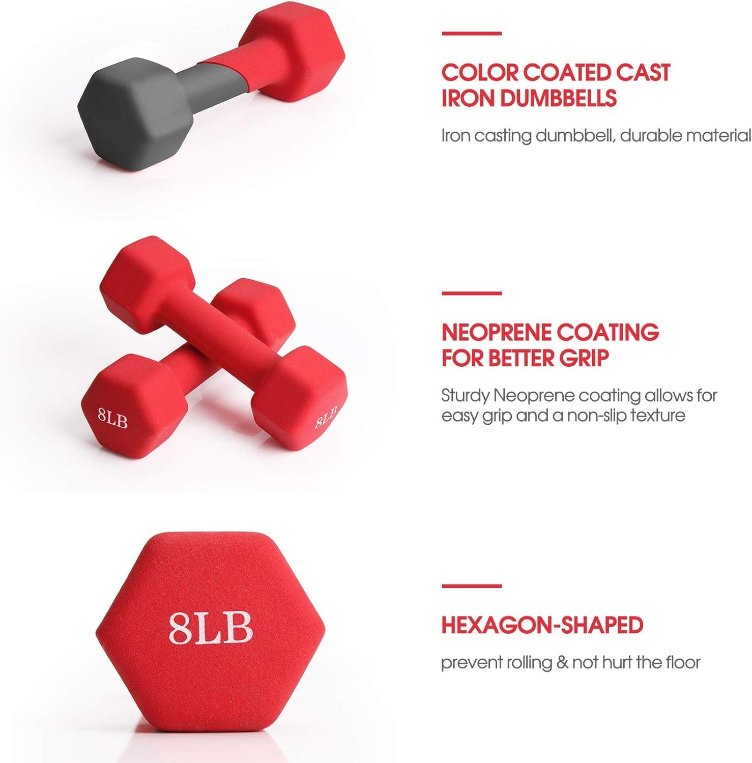 Dumbbell Set,  2Lb 3Lb 5Lb 8Lb 10Lb 15Lb 20Lb Neoprene Iron Dumbbells Hand Weight Set Barbell Exercise Fitness Hex Dumb Bell Free Weight Dumbbell Fo Women Men Home Gym Workout Strength Training