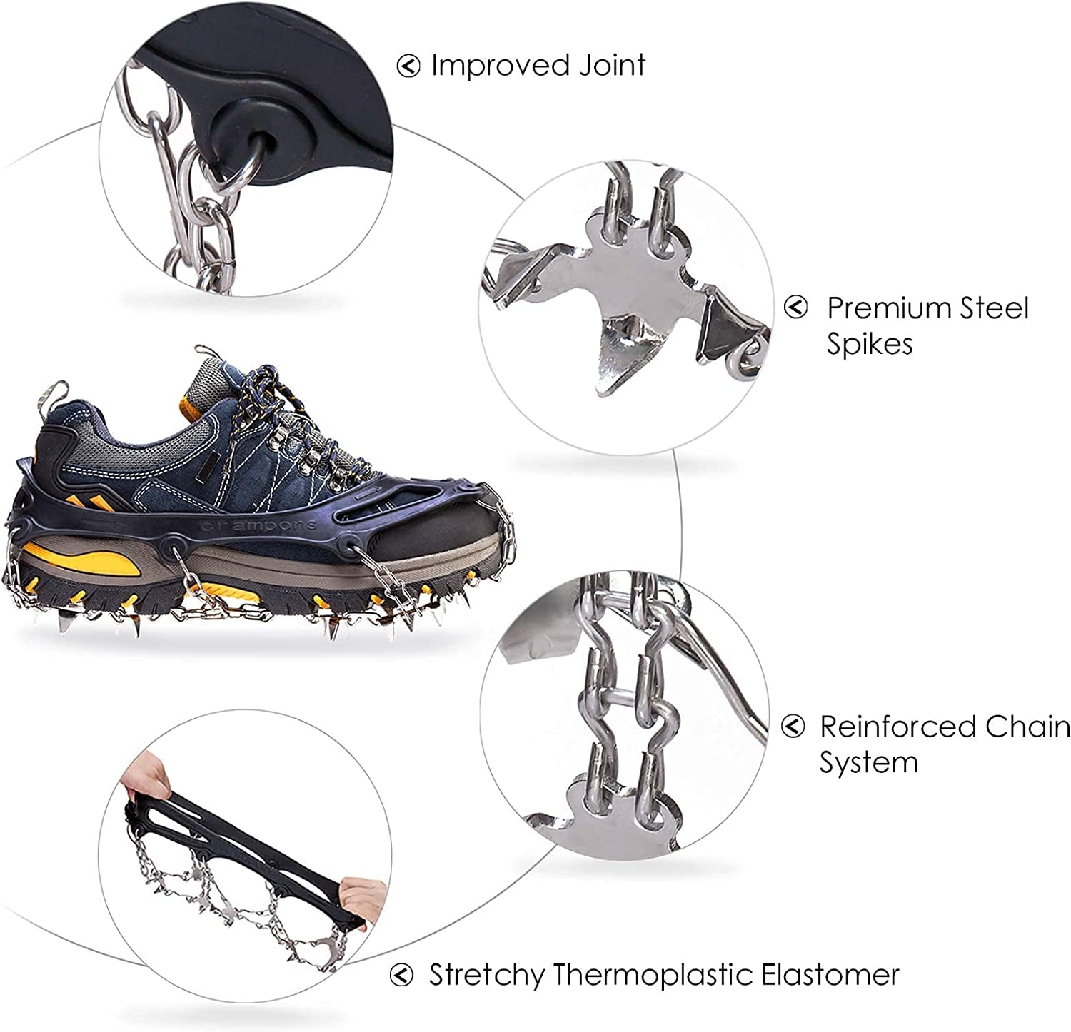 Crampons Ice Cleats Traction Snow Grips for Boots Shoes Women Men anti Slip 19 Stainless Steel Spikes Safe Protect for Hiking Fishing Walking Climbing Mountaineering