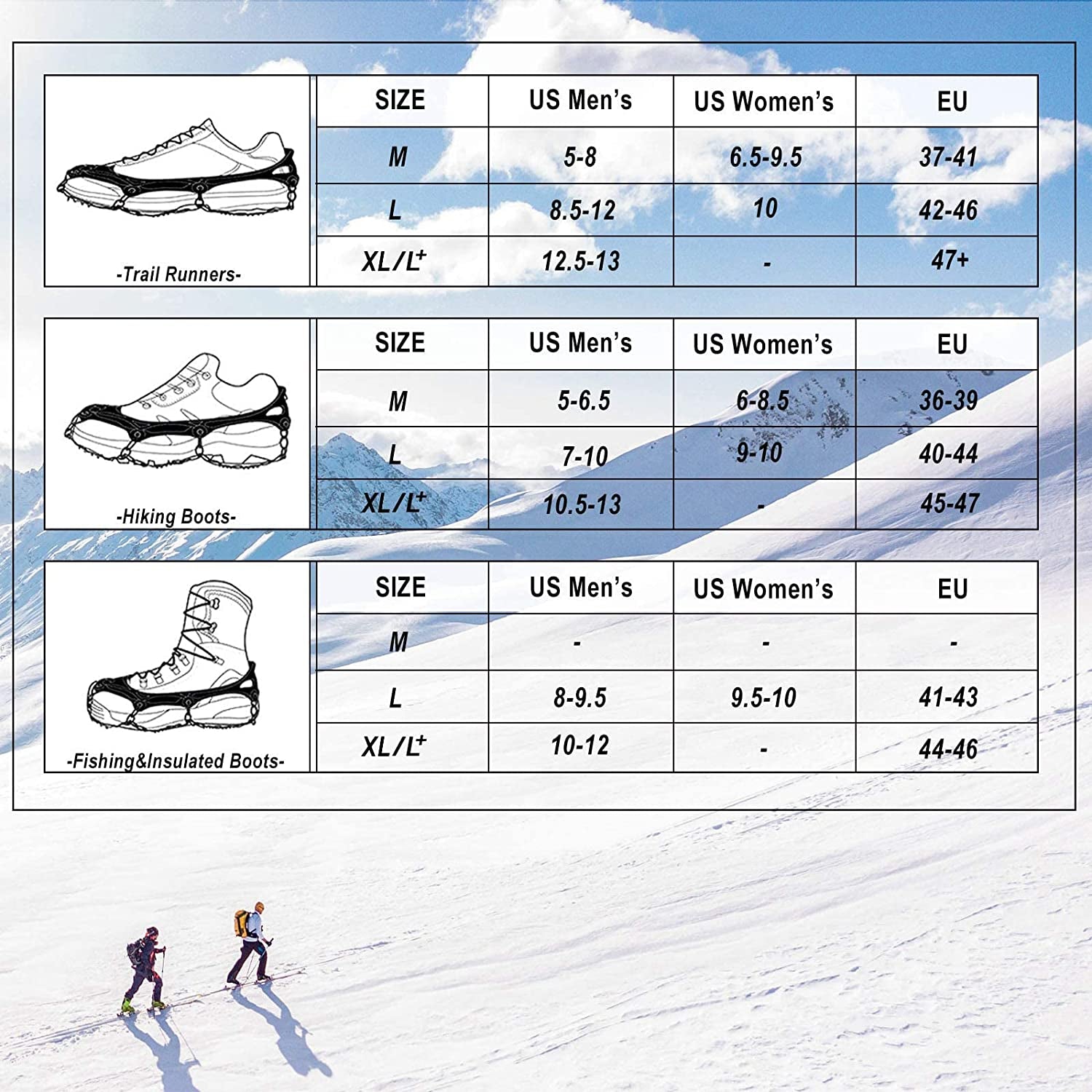 Crampons Ice Cleats Traction Snow Grips for Boots Shoes Women Men anti Slip 19 Stainless Steel Spikes Safe Protect for Hiking Fishing Walking Climbing Mountaineering