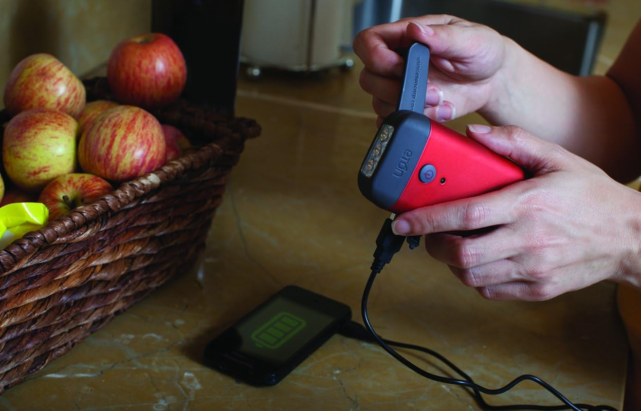 American Red Cross Crank-Powered Clipray Clip-On Flashlight & Smartphone Charger, Hand Crank, Cherry Red, Commitment to Preparedness