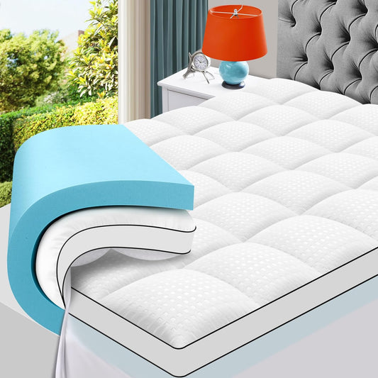 Queen Size Dual Layer 4 Inch Memory Foam Mattress Topper, 2 Inch Gel Memory Foam and 2 Inch Cooling Pillow Top Mattress Pad Cover for Back Pain, Medium Support