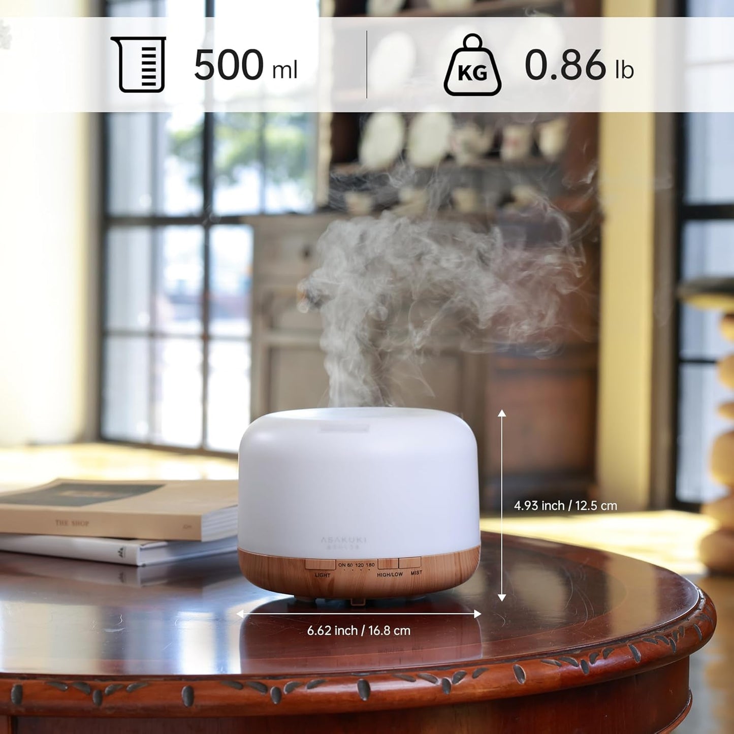500Ml Premium, Essential Oil Diffuser with Remote Control, 5 in 1 Ultrasonic Aromatherapy Fragrant Oil Humidifier Vaporizer, Timer and Auto-Off Safety Switch Brown