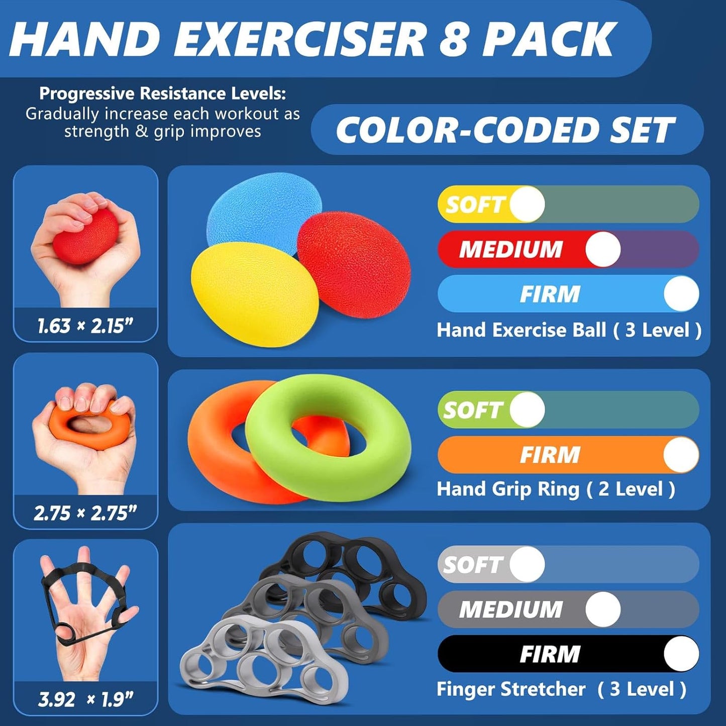 Hand Grip Strengthener, Finger Exerciser, Multiple Resistance Levels Kit - 3 Types, Set of 8