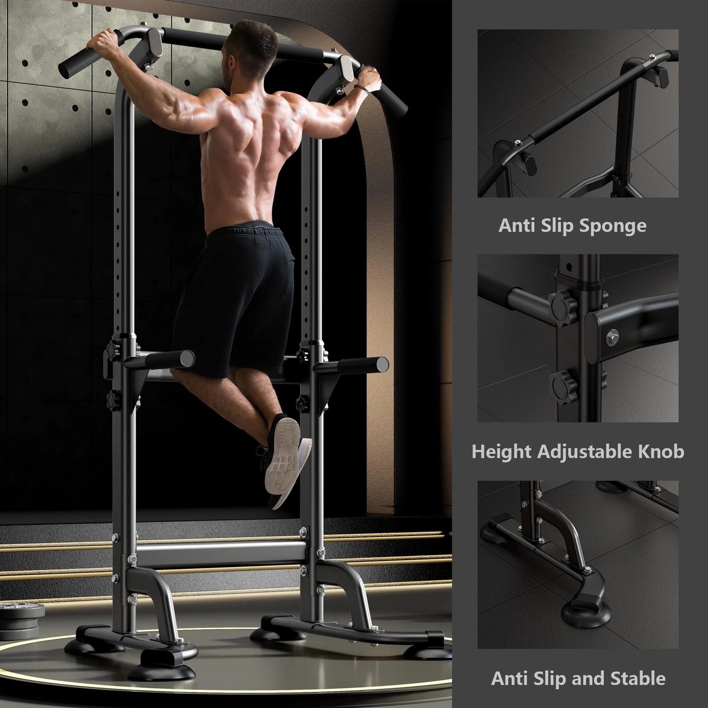 Adjustable Height Power Tower Pull Up Bar for Ultimate Strength Training – Black