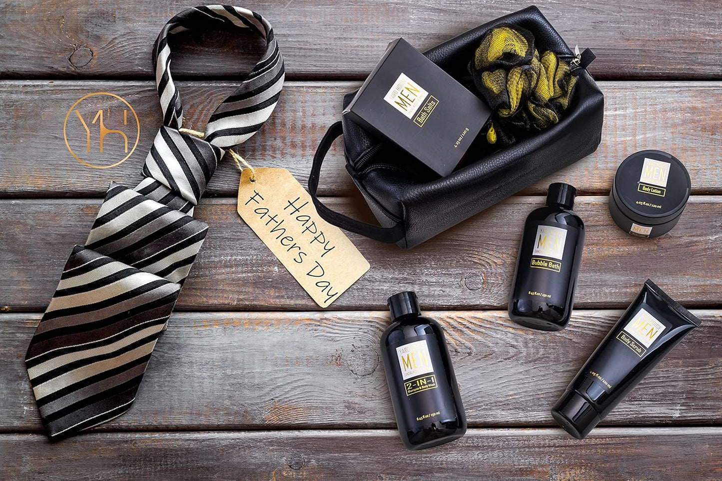 Bath and Body Spa Gift Baskets Set for Men - Sandalwood Amber - 7Pc Spa Kit W. Full Size Items in Leather Toiletry Bag - Christmas Holiday Gifts for Him, Birthday, Fathers Day Gifts Idea