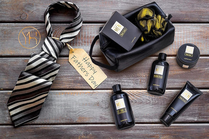 Bath and Body Spa Gift Baskets Set for Men - Sandalwood Amber - 7Pc Spa Kit W. Full Size Items in Leather Toiletry Bag - Christmas Holiday Gifts for Him, Birthday, Fathers Day Gifts Idea