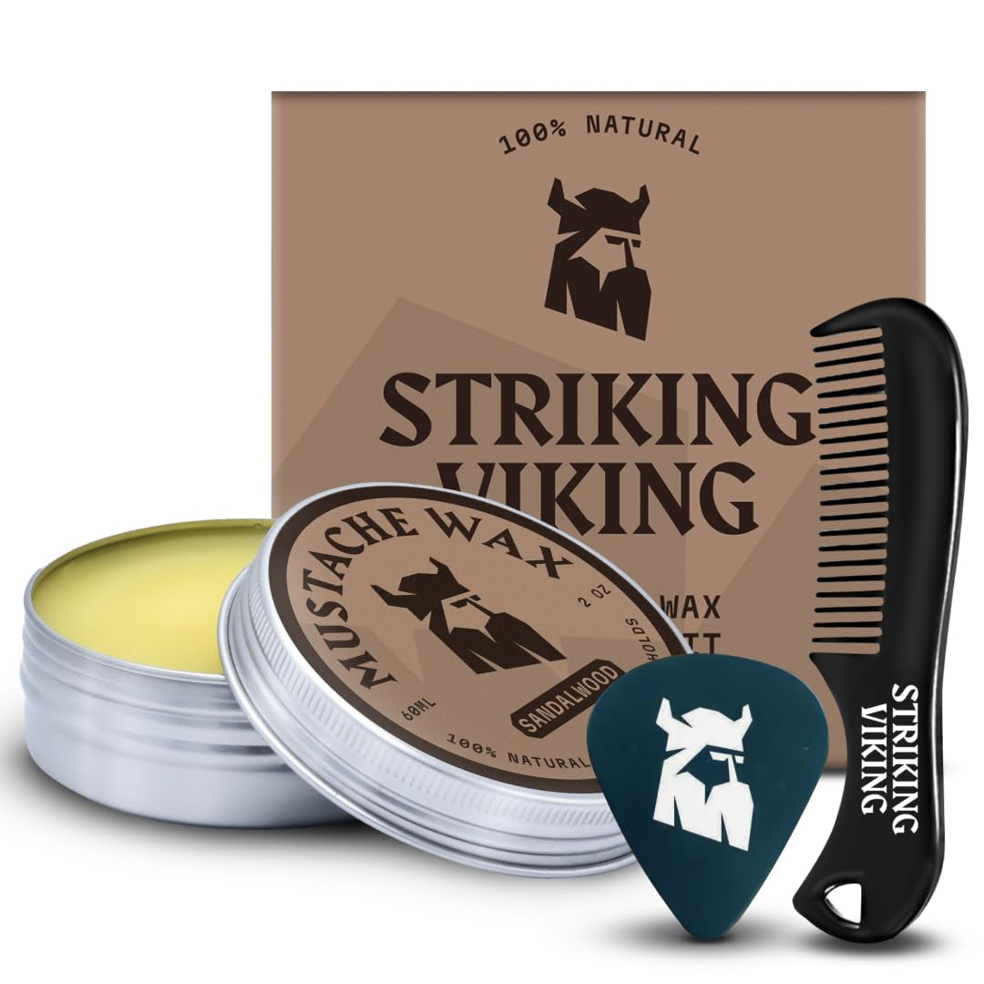 Mustache Wax & Comb Kit - Beard & Moustache Wax for Men with Strong Hold Natural Beeswax - Helps Tame Style & Groom (Sandalwood Scent, 2 Ounce Size) - Mustache Styling Wax - Mens Comb