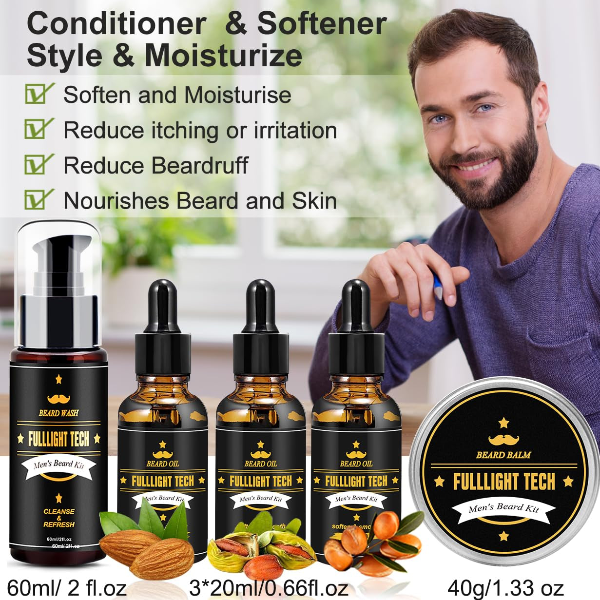 Beard Kit for Men Grooming & Care W/Beard Wash,3 Packs Beard Oil,Beard Balm Leave-In Conditioner,Comb,Brush,Scissors,Premium Gifts for Men Dad Husband