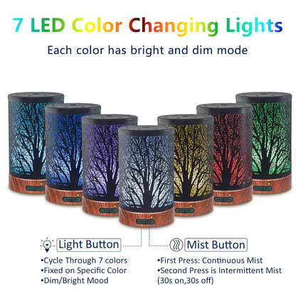 Essential Oil Diffuser 150Ml Metal Aromatherapy Oil Diffuser Ultrasonic Cool Mist Diffuser with Auto Shut-Off Protection,7 Colors Changed LED for Home Office SPA Yoga