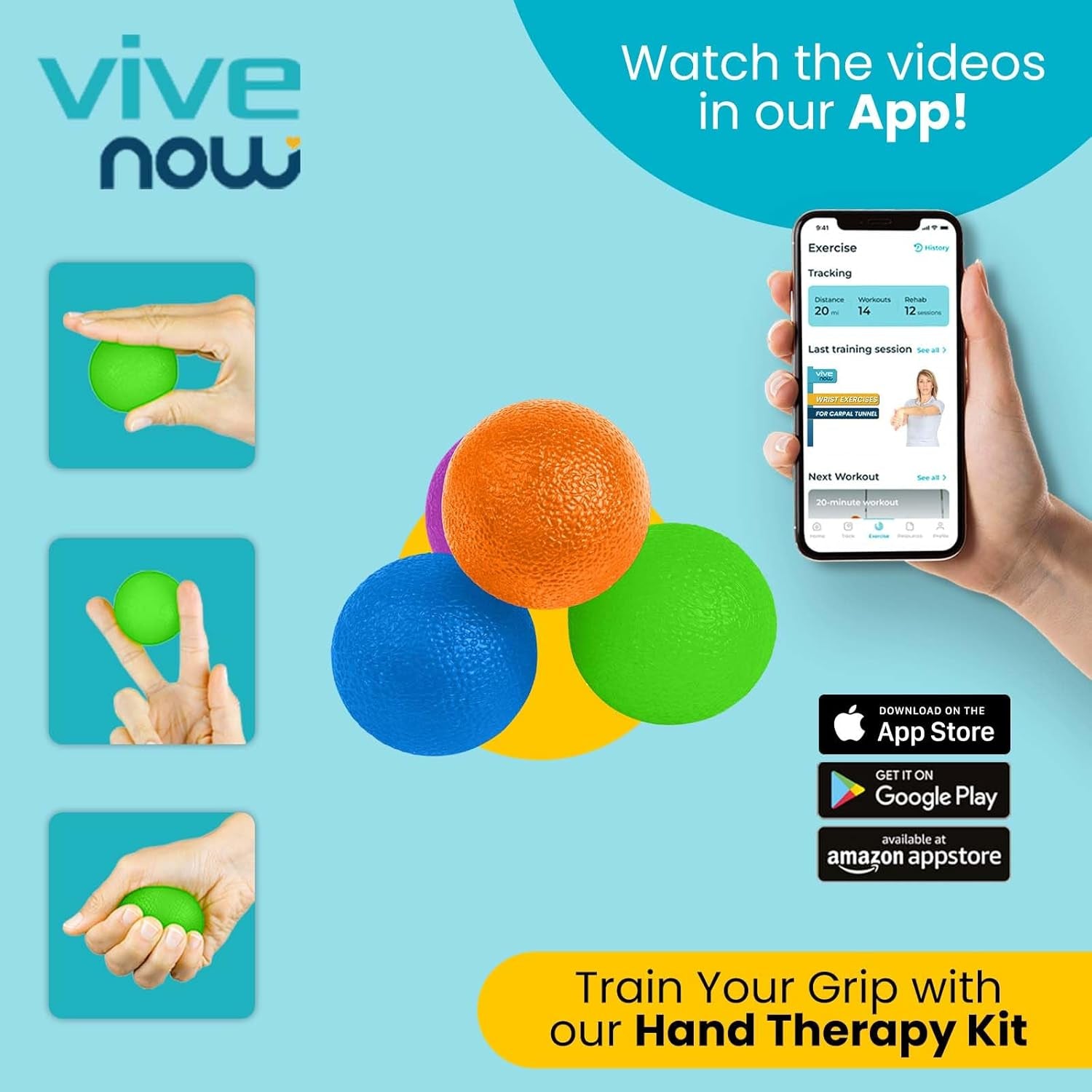 Squeeze Balls for Hand Therapy, Exercise, Arthritis (W/ Rehab Video App) - Grip Strengthener Occupational Equipment for Finger, Wrist, Carpal Tunnel, Pain Relief, Stress - Resistance Strength Squeezing Egg Trainer