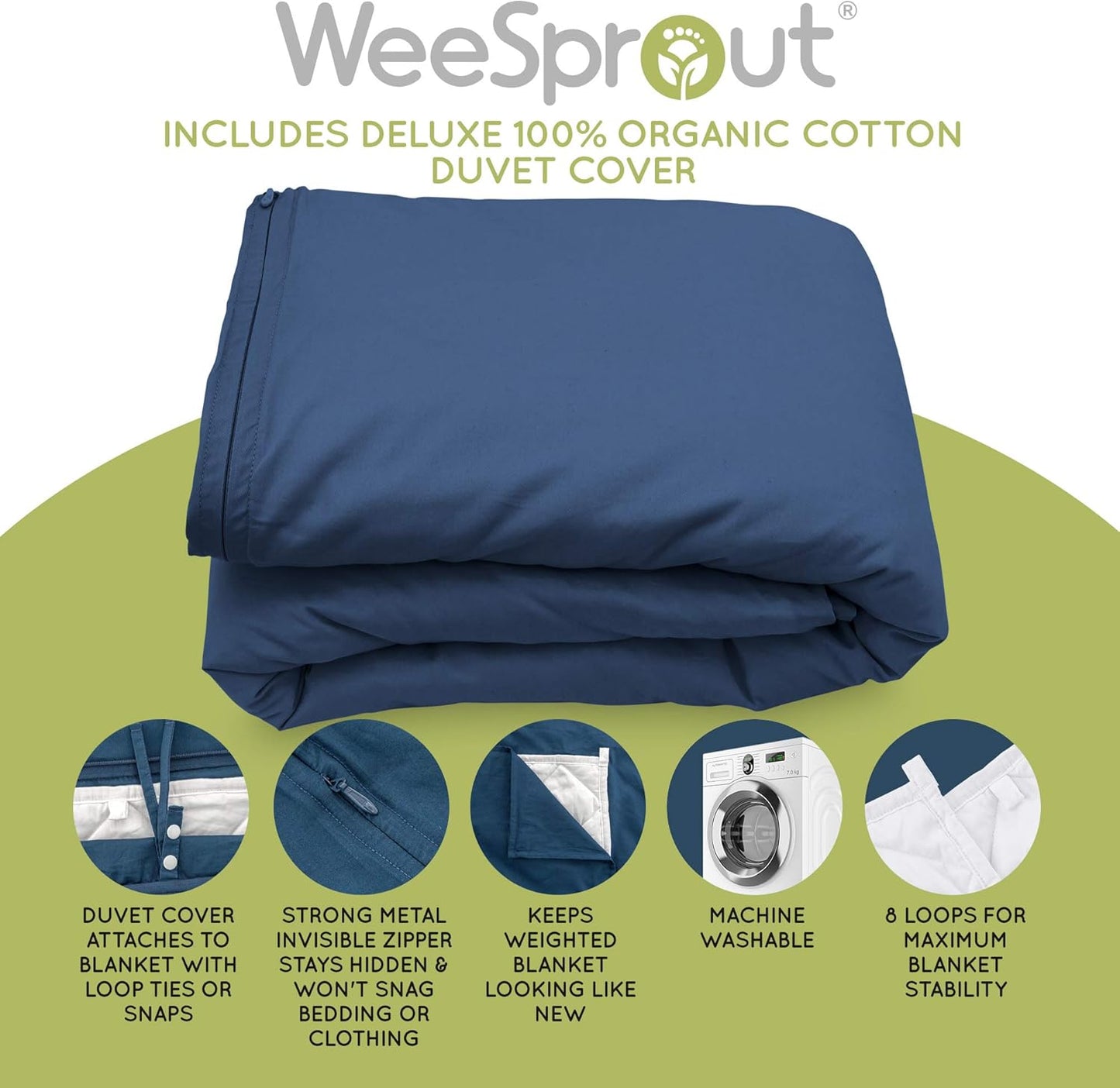 Weighted Blanket for Kids (7 Lbs) - 100% Organic Cotton, Breathable, Quilted Pockets, Glass Beads, for Kids Weighing 60-90 Lbs, 41” X 60”, Twin Size, White Blanket/Navy Duvet