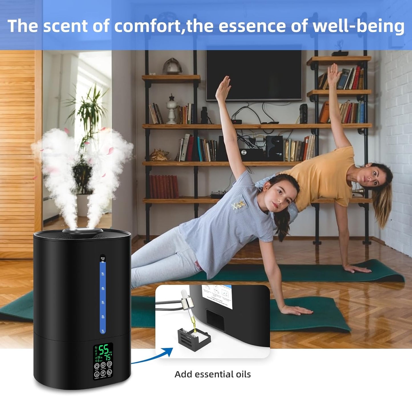 6L Humidifiers for Bedroom Large Room Home, Cool and Warm Humidifiers for Baby and Plants Mist Top Fill Desk Humidifiers Essential Oil Diffuser, Quiet with Adjustable Mist,360°Nozzle-Black