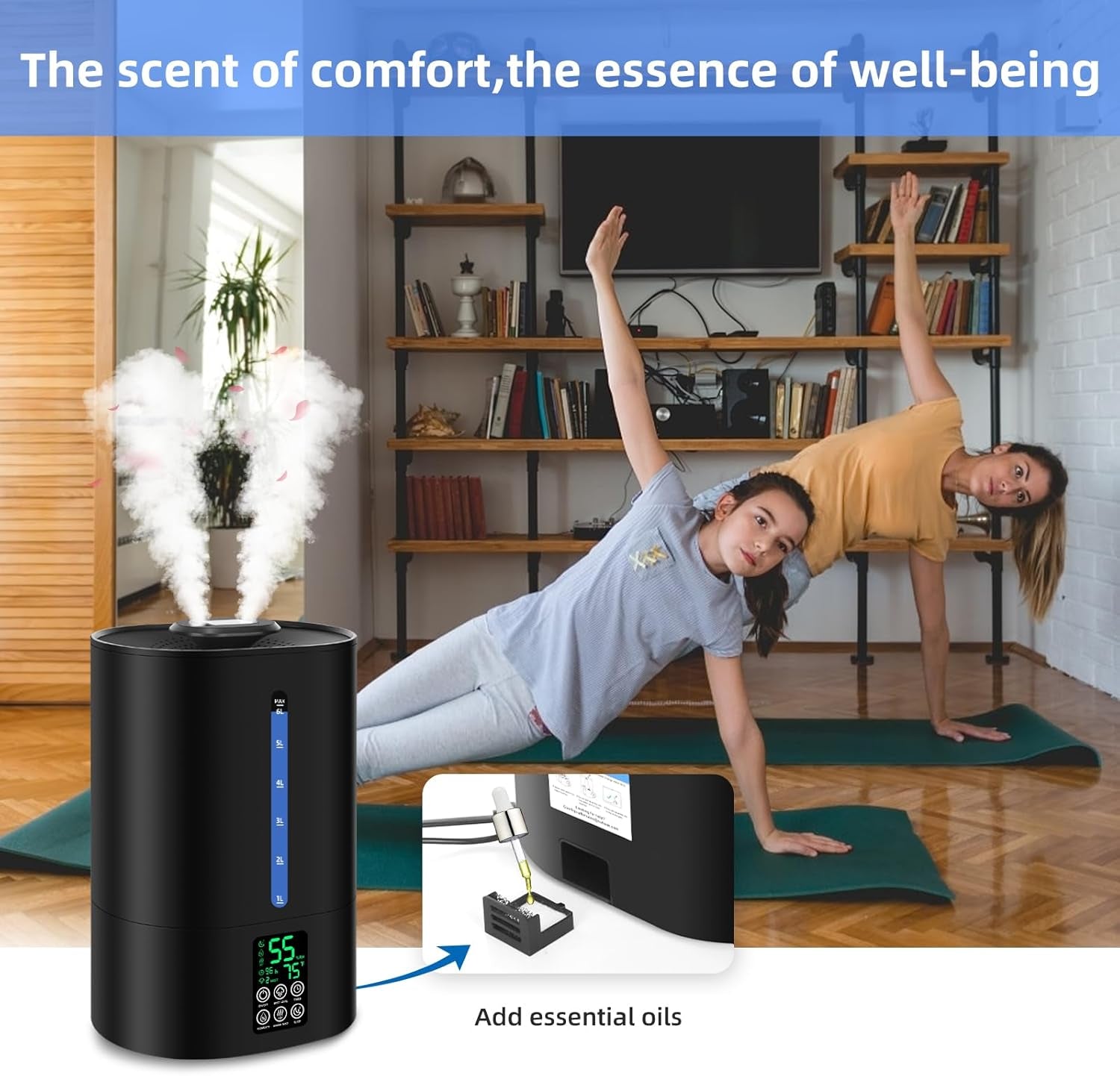 6L Humidifiers for Bedroom Large Room Home, Cool and Warm Humidifiers for Baby and Plants Mist Top Fill Desk Humidifiers Essential Oil Diffuser, Quiet with Adjustable Mist,360°Nozzle-Black