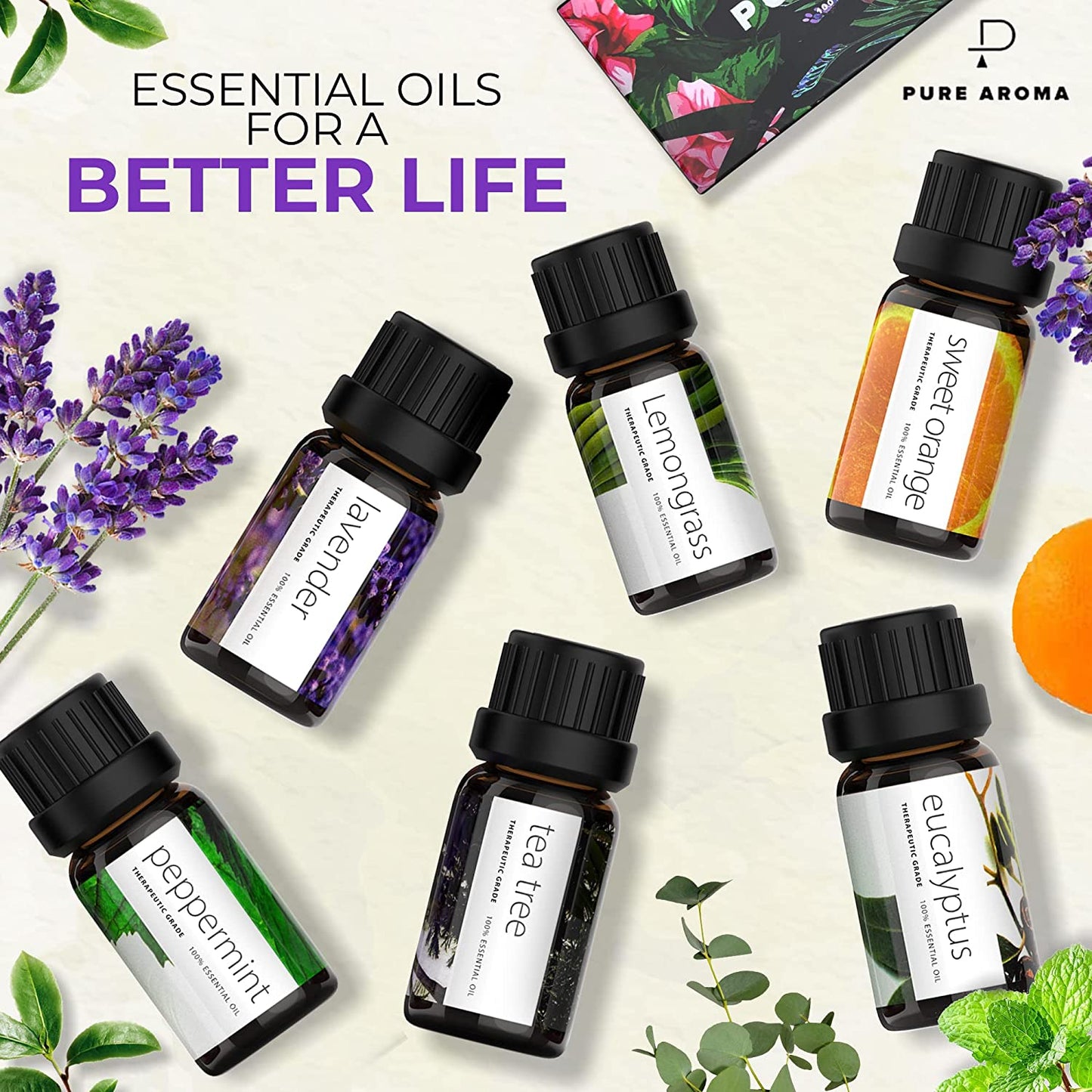 Essential Oils Set  - Top 6 Aromatherapy Oils Gift Set for Diffusers, Home Care, Candel Making Scents, Fragrance -Eucalyptus, Lavender, Lemongrass, Sweet Orange, Peppermint, Tea Tree (10Ml)