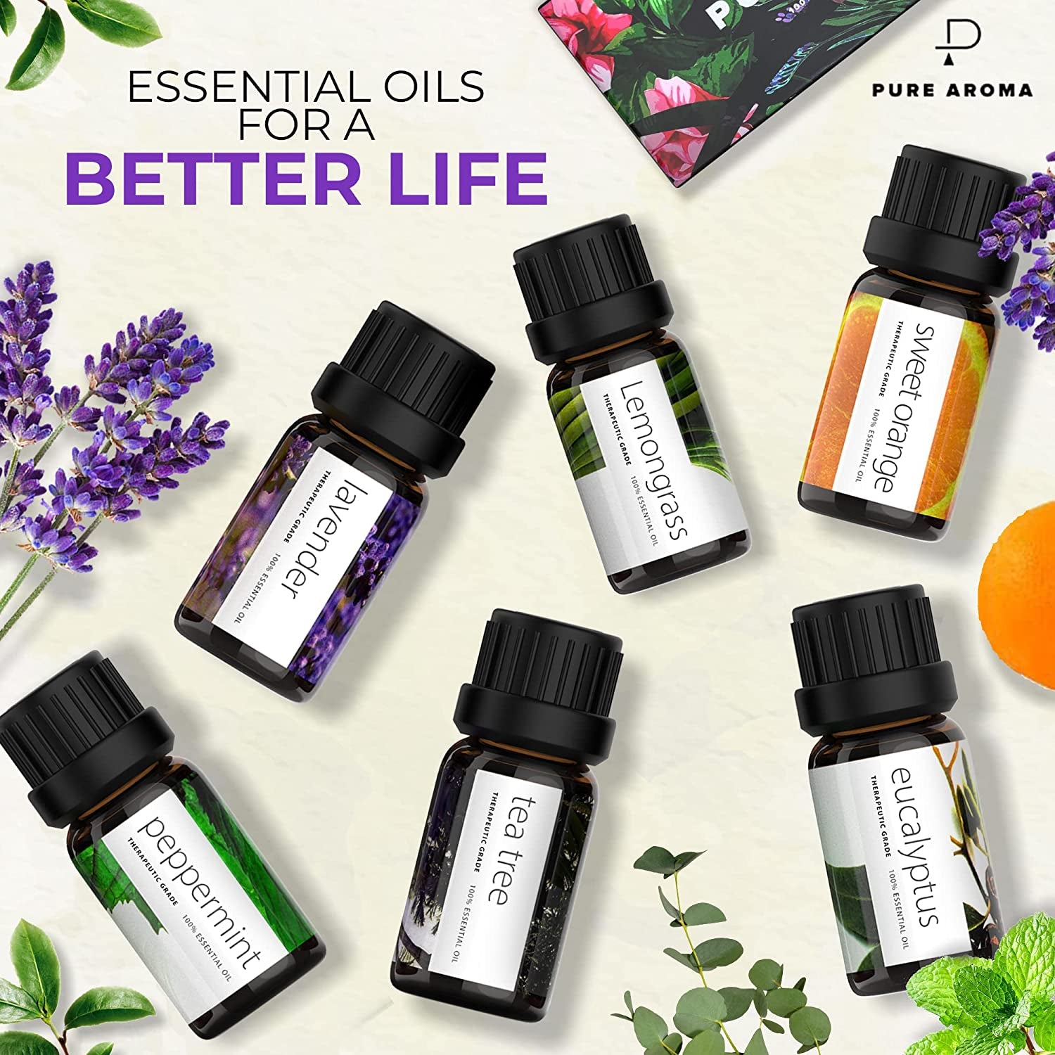Essential Oils Set  - Top 6 Aromatherapy Oils Gift Set for Diffusers, Home Care, Candel Making Scents, Fragrance -Eucalyptus, Lavender, Lemongrass, Sweet Orange, Peppermint, Tea Tree (10Ml)